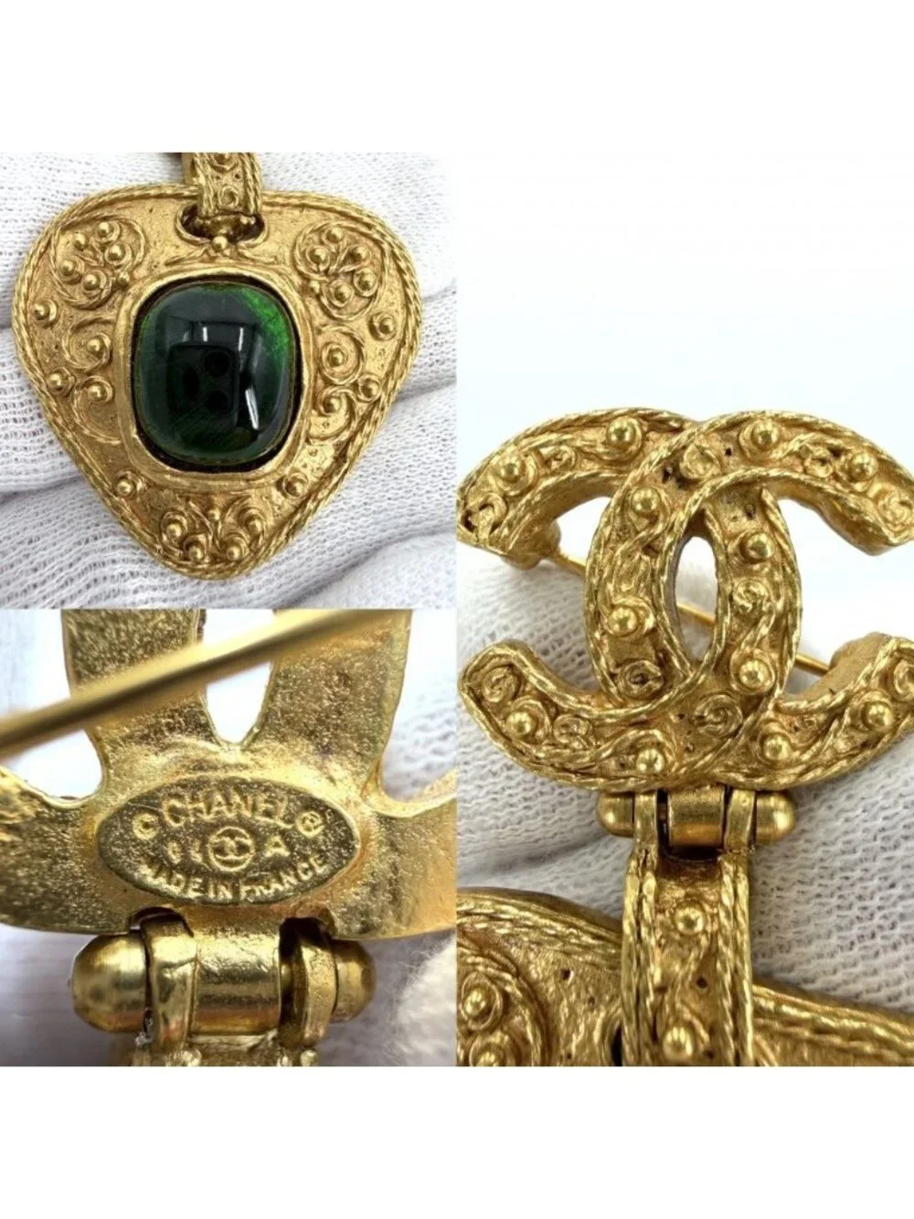 Chanel Brooch Quilted CC Logo Vintage Gripoix Color Stone Gold Green